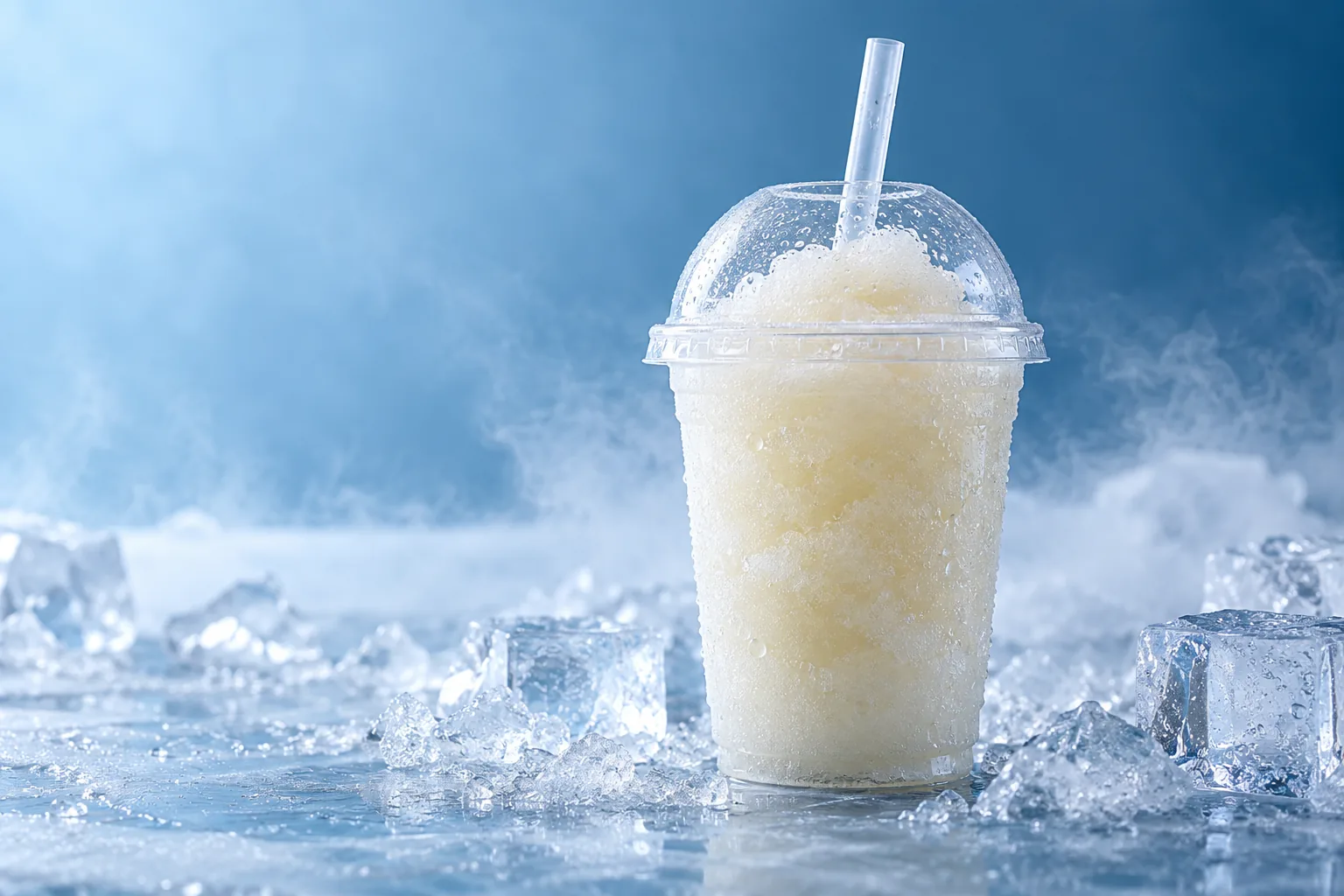 Transparent PET cup with a frozen beverage, ice and cold condensation