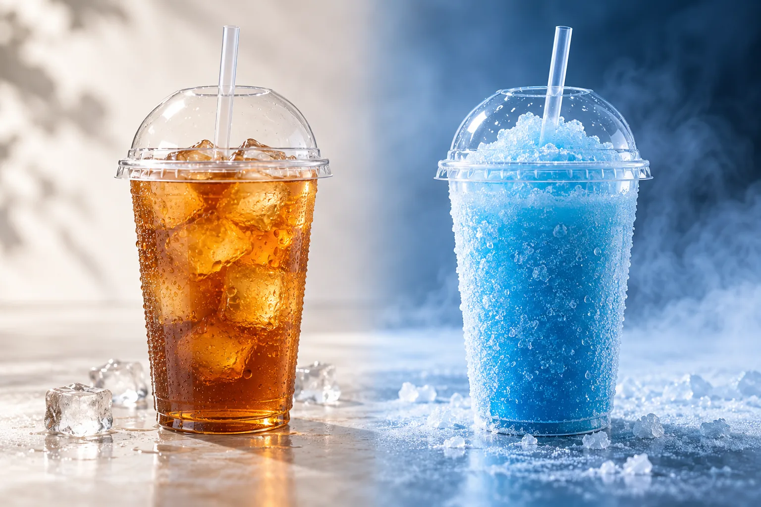 Two transparent PET cups in chilled and frozen beverage conditions