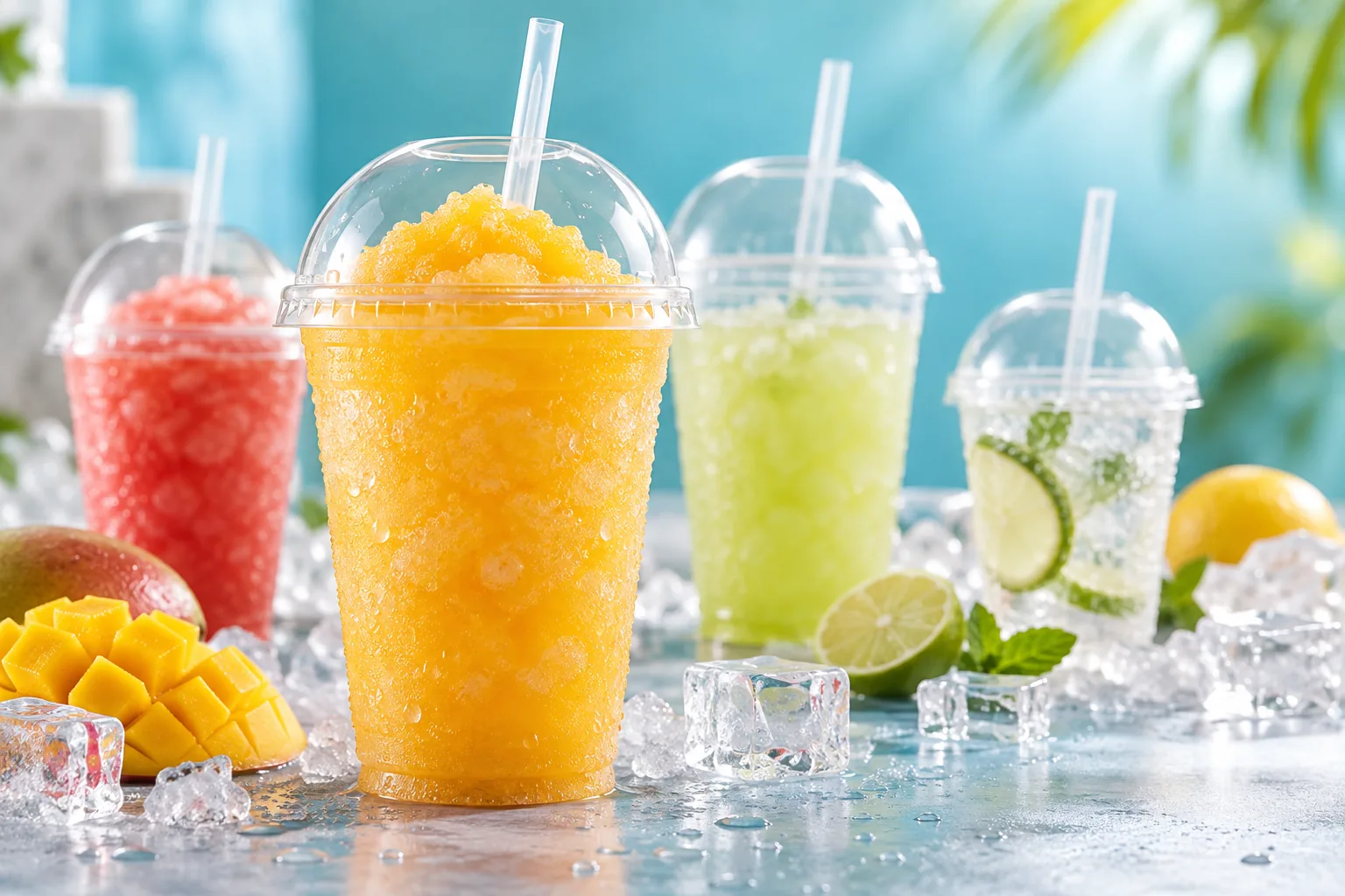 Transparent PET cups serving colorful frozen beverages
