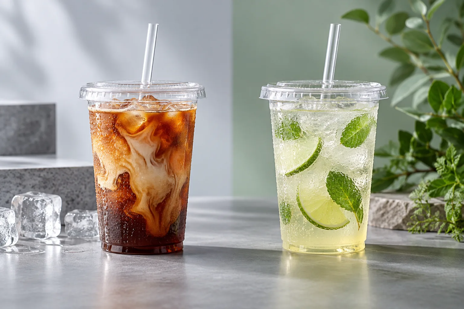 Two clear beverage cups in neutral and botanical settings