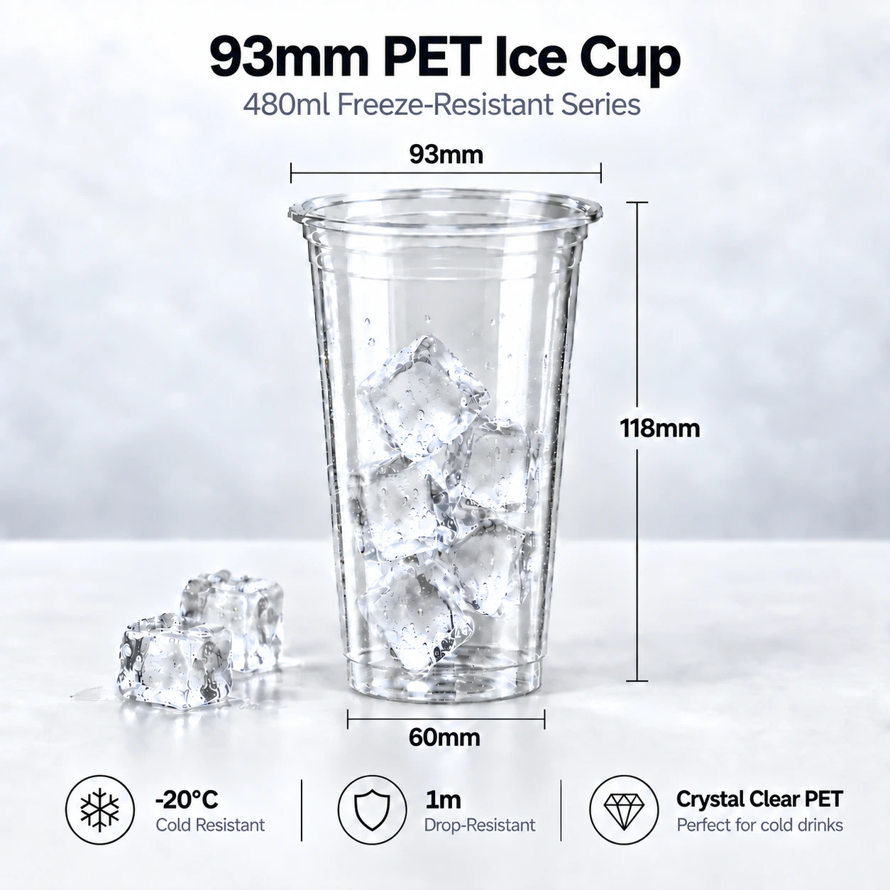 480ml freezer-resistant PET cup with 93mm rim