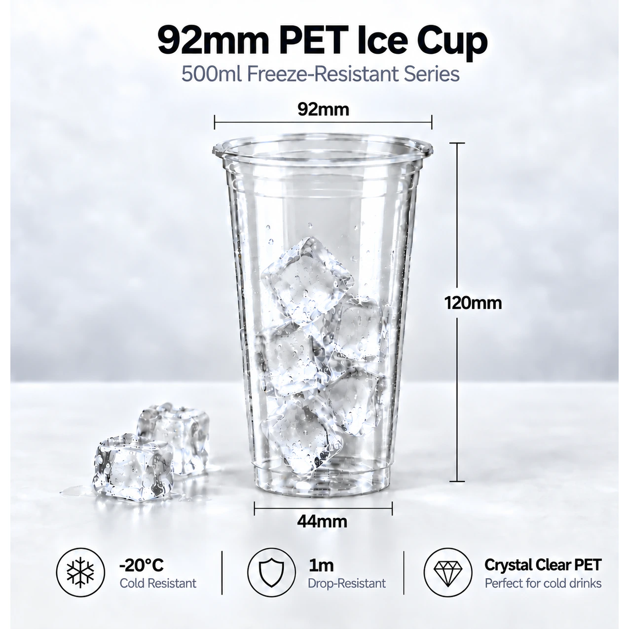 500ml freezer-resistant PET cup with 92mm rim