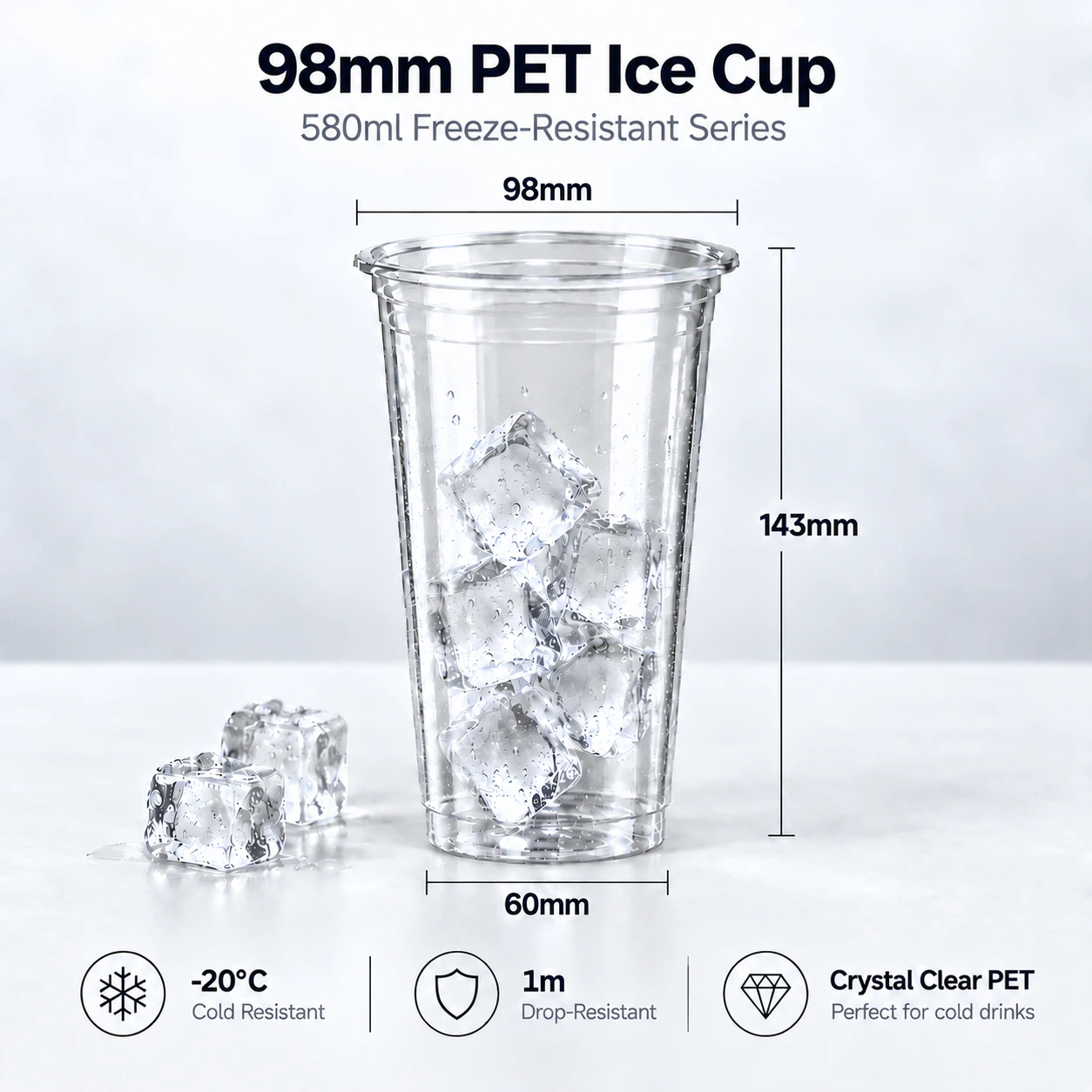 580ml freezer-resistant PET cup with 98mm rim
