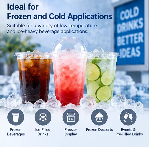 Frozen and ice-filled beverage applications in clear PET cups