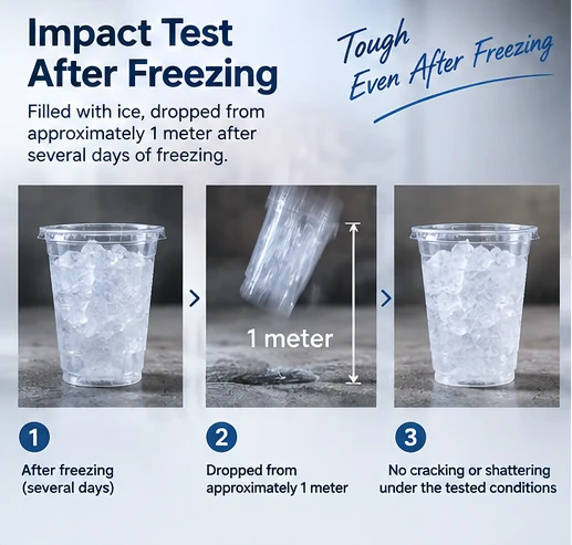Three-stage internal PET ice cup drop test after freezing