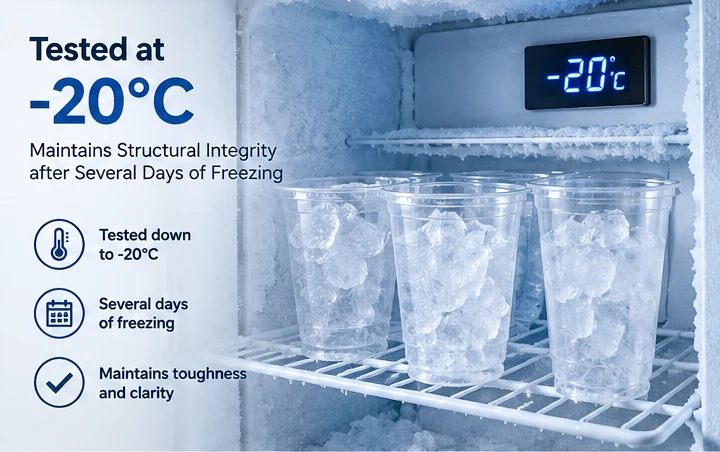 PET cups undergoing an internal freezer test at minus 20 degrees Celsius