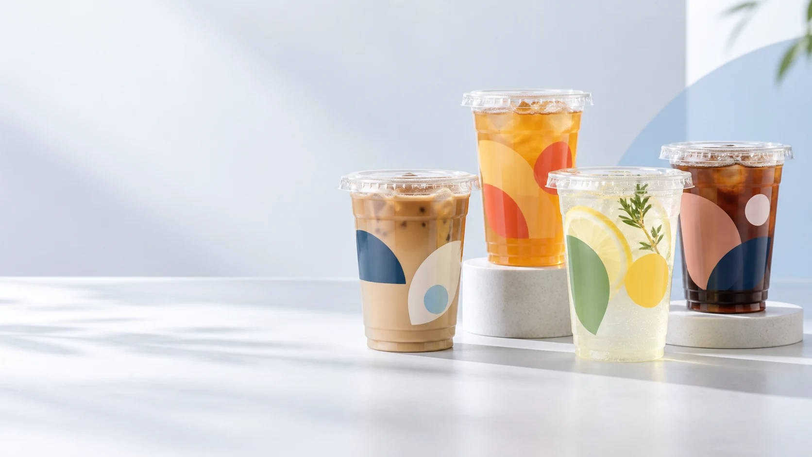 Conceptual custom printed clear cups for beverage branding projects