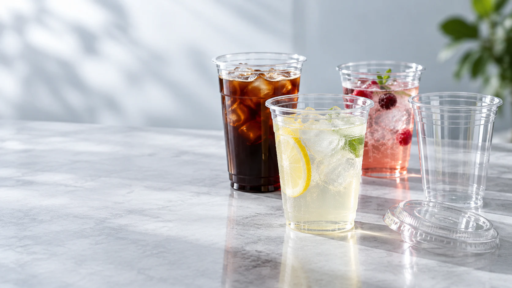 Clear PET cups and lid options for cold beverage packaging