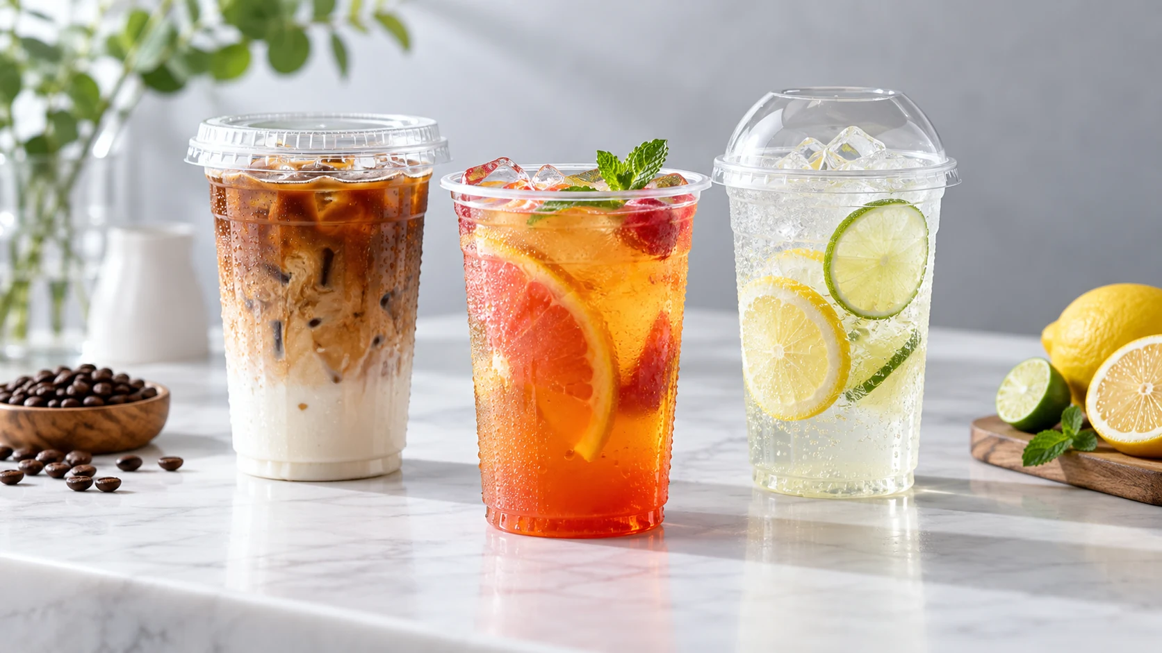Clear cups used for iced coffee, juice and cold beverage presentation