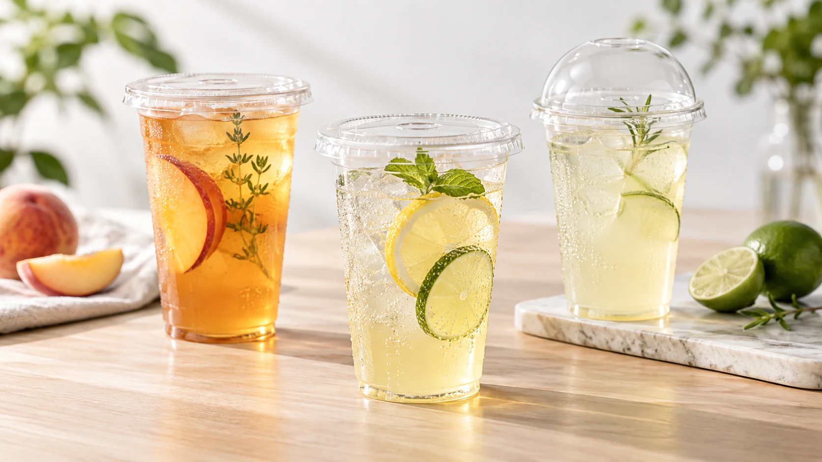Clear cups used for chilled juice and cold beverage presentation
